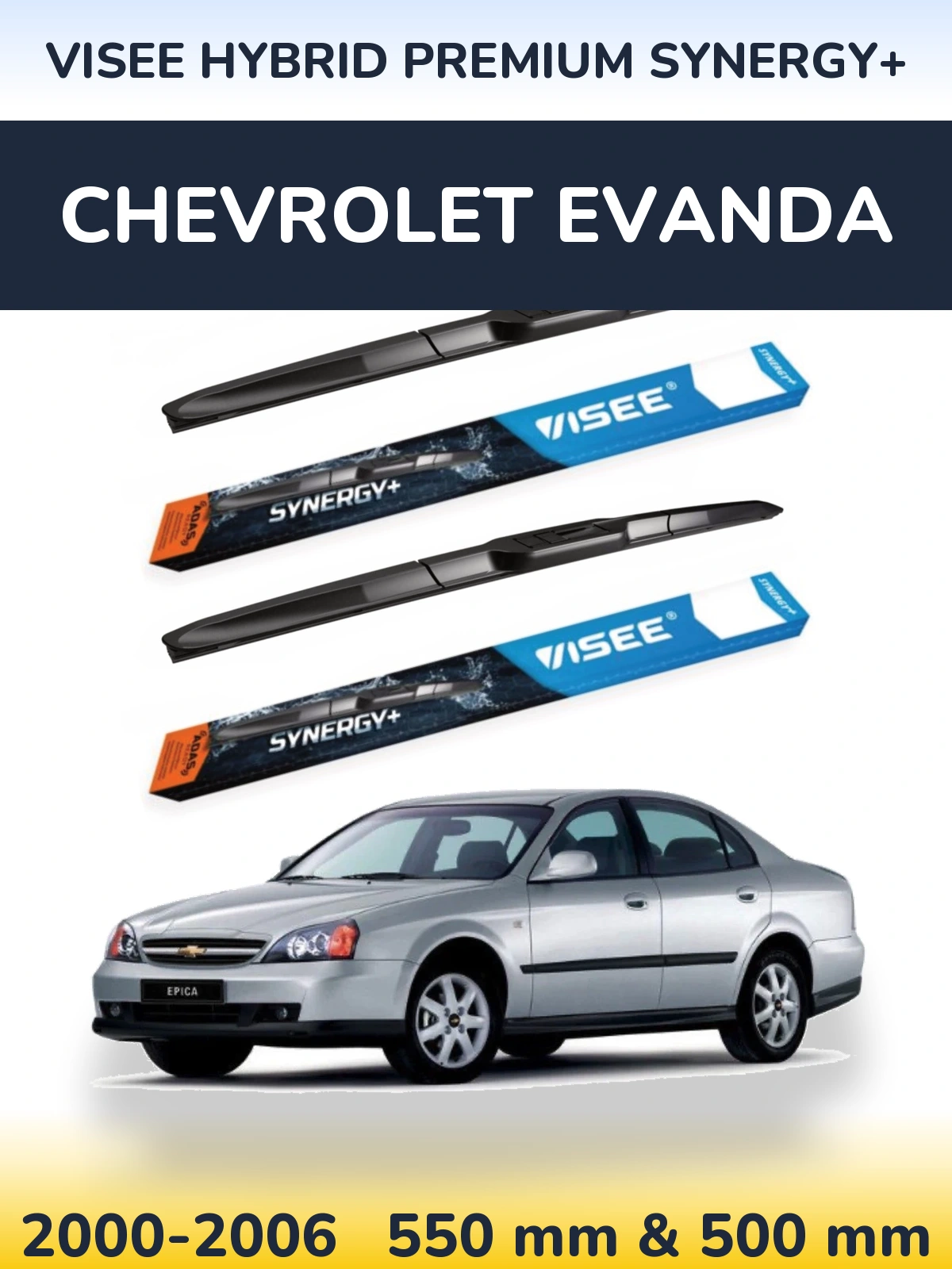 Front wiper blade set VISEE HYBRID PREMIUM SYNERGY+ 550 & 500 mm for Chevrolet Evanda 2000-2006