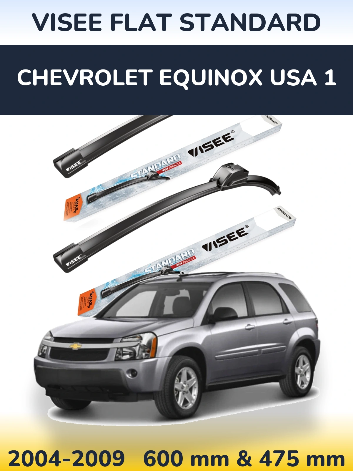 Front wiper blade set VISEE FLAT STANDARD 600 & 475 mm for Chevrolet Equinox USA 1 2004-2009