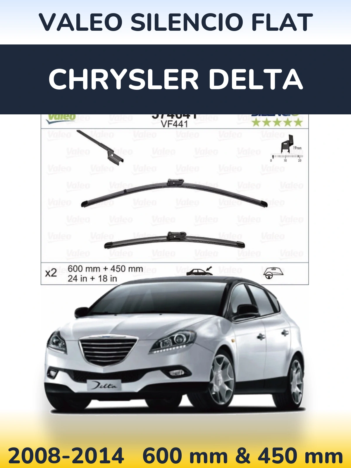 Front wiper blade set Valeo Silencio Flat 600 & 450 mm for Chrysler Delta 2008-2014