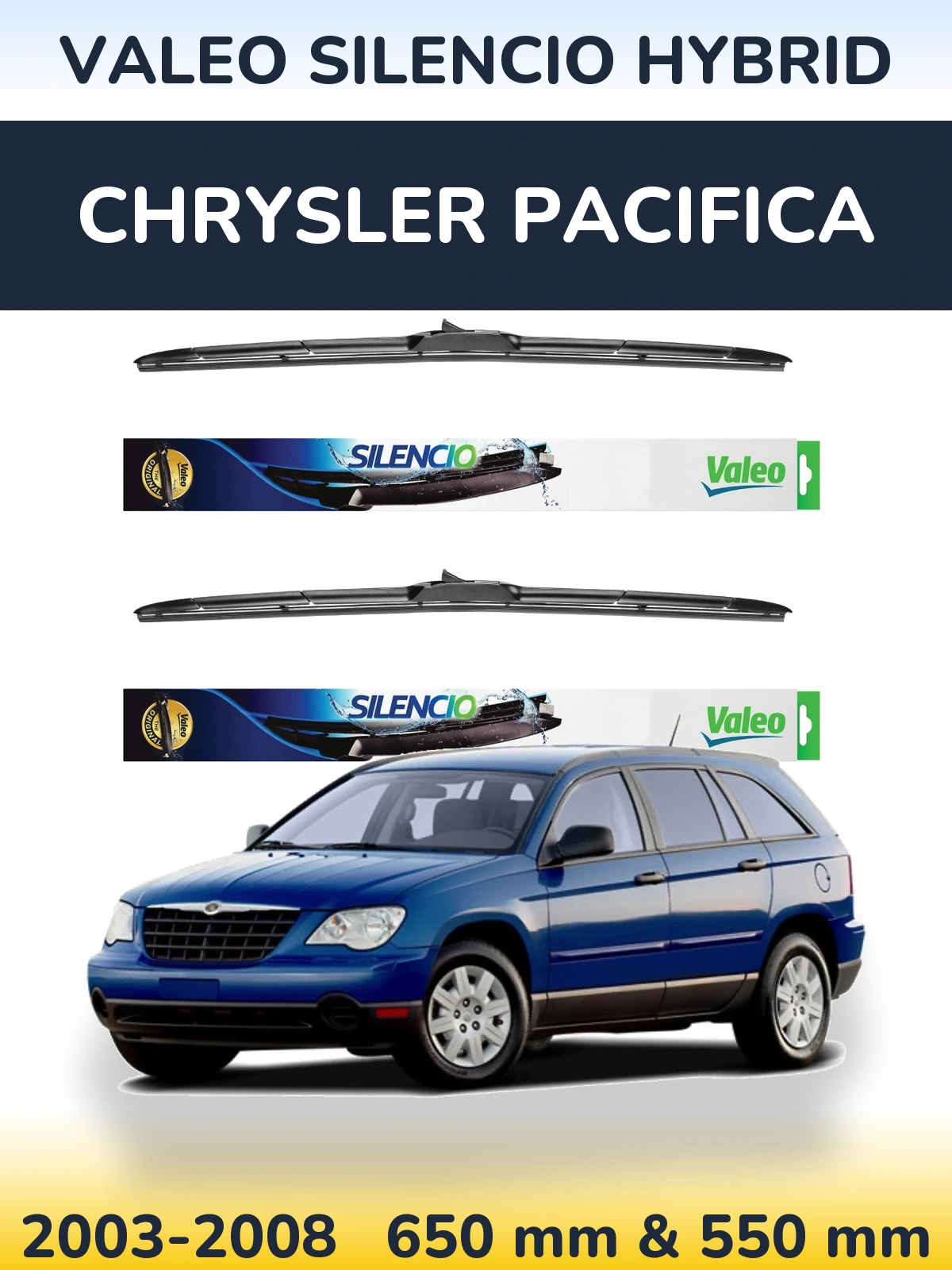 Front wiper blade set Valeo Silencio Hybrid 650 & 550 mm for Chrysler Pacifica 2003-2008