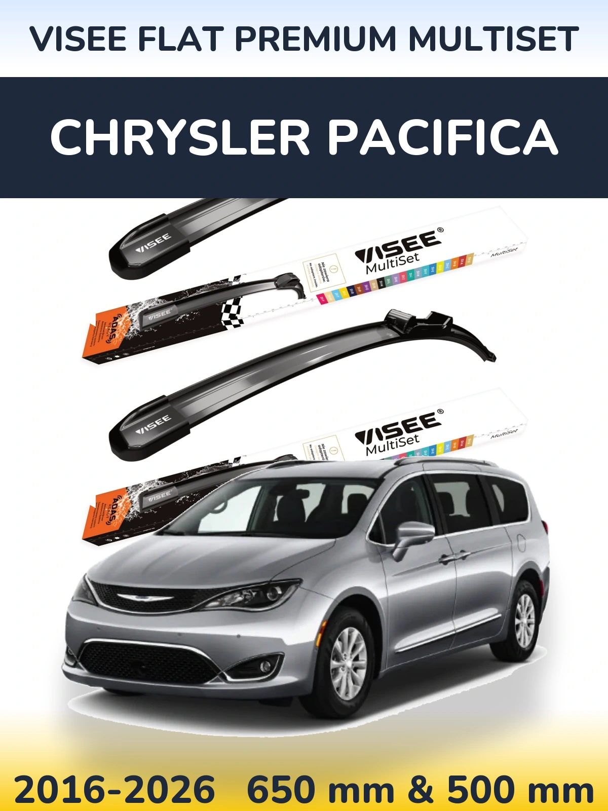 Комплект передніх щіток VISEE FLAT PREMIUM MultiSet 650 & 500 мм для Chrysler Pacifica 2016-2026