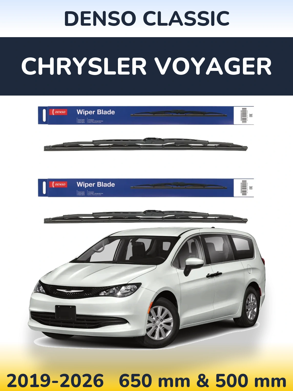 Front wiper blade set Denso Classic 650 & 500 mm for Chrysler Voyager 2019-2026