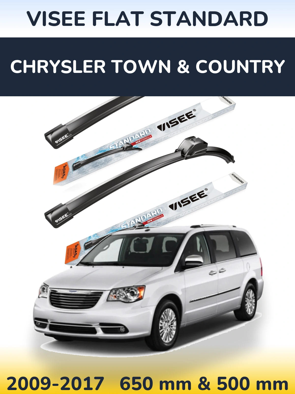 Komplet przednich wycieraczek VISEE FLAT STANDARD 650 & 500 mm do Chrysler Town & Country 2009-2017