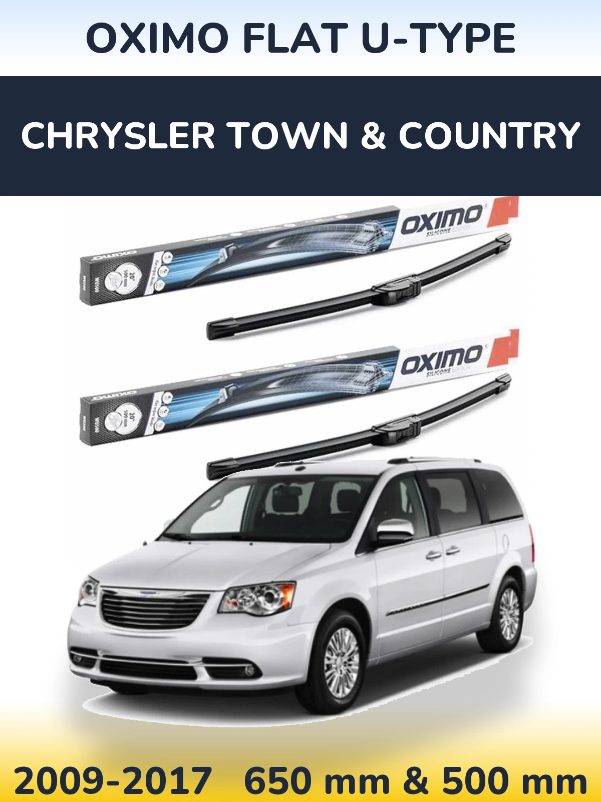 Front wiper blade set Oximo Flat U-type 650 & 500 mm for Chrysler Town & Country 2009-2017