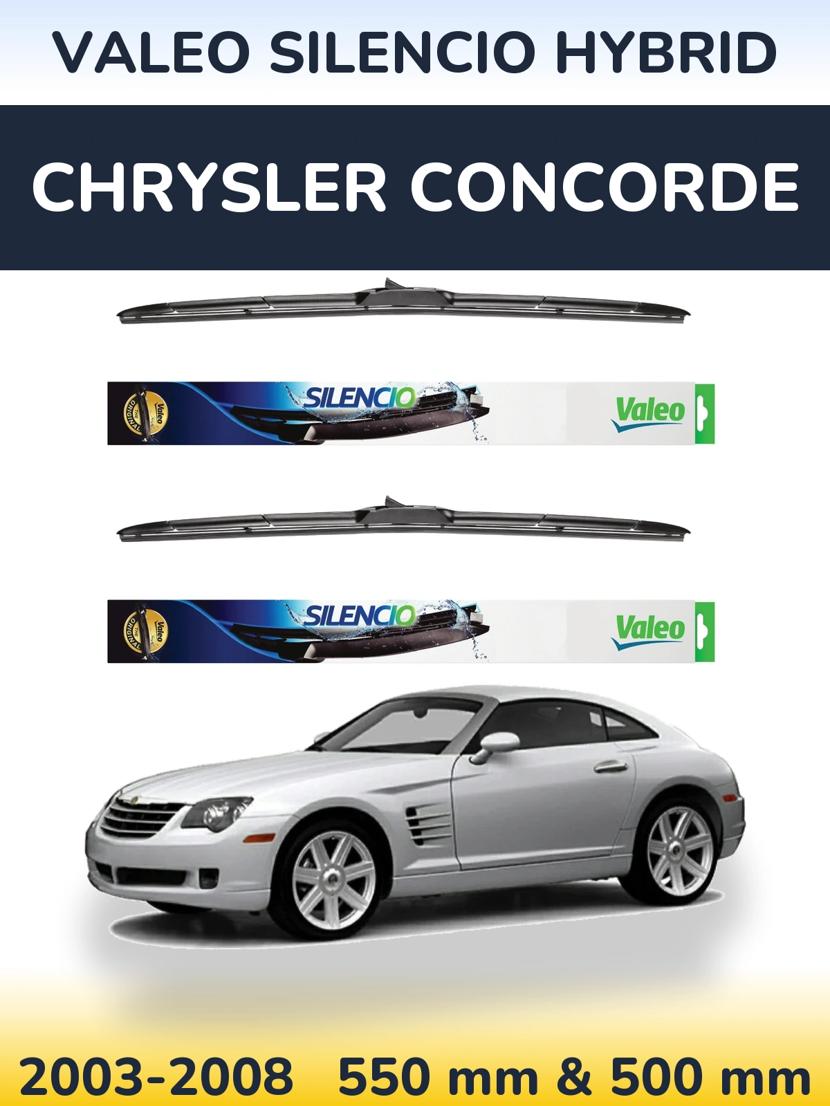 Front wiper blade set Valeo Silencio Hybrid 550 & 500 mm for Chrysler Concorde 2003-2008