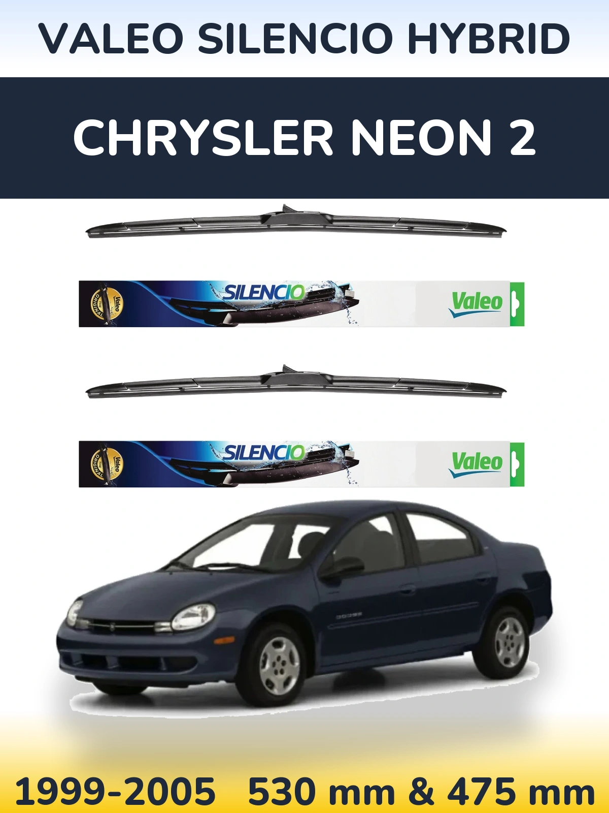 Front wiper blade set Valeo Silencio Hybrid 530 & 475 mm for Chrysler Neon 2 1999-2005