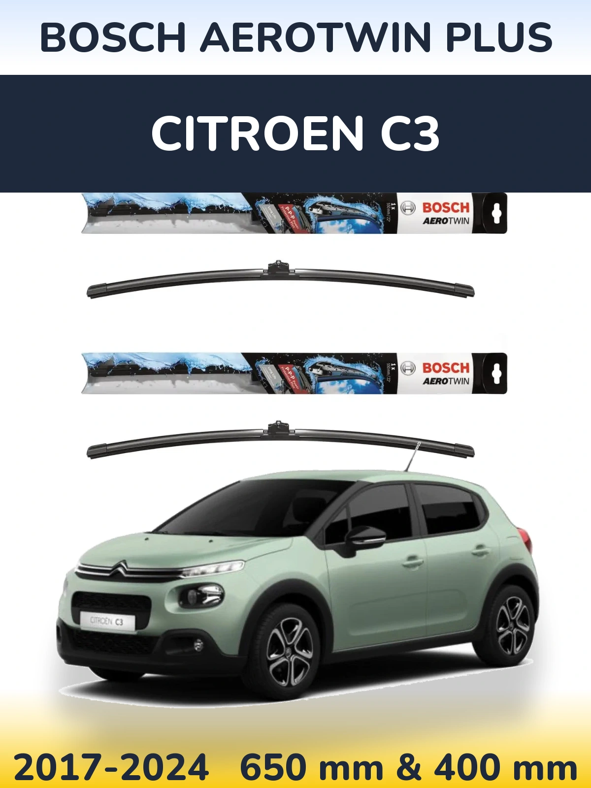 Комплект передних дворников BOSCH AeroTwin Plus 650 & 400 мм для Citroen C3 2017-2024