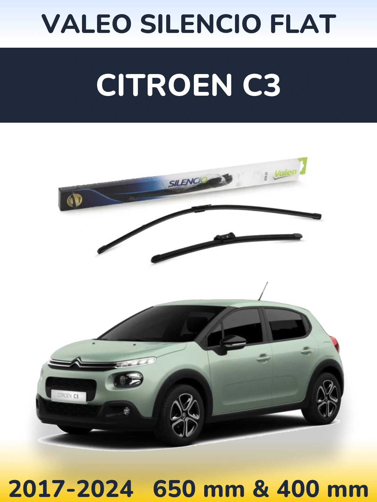 Front wiper blade set Valeo Silencio Flat 650 & 400 мм for Citroen C3 2017-2024