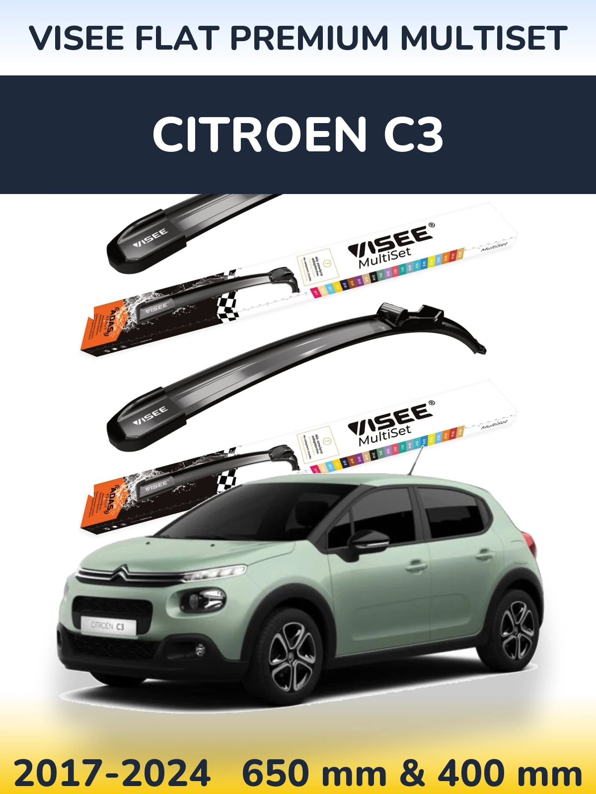 Комплект передніх щіток VISEE FLAT PREMIUM MultiSet 650 & 400 мм для Citroen C3 2017-2024