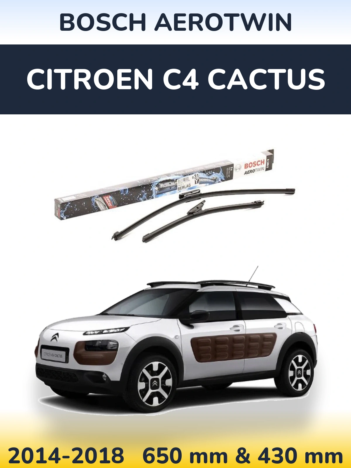 Комплект передних дворников BOSCH AeroTwin 650 & 430 мм для Citroen C4 Cactus 2014-2018