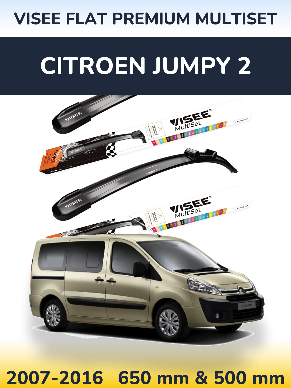 Front wiper blade set VISEE FLAT PREMIUM MultiSet 650 & 500 мм for Citroen Jumpy 2 2007-2016