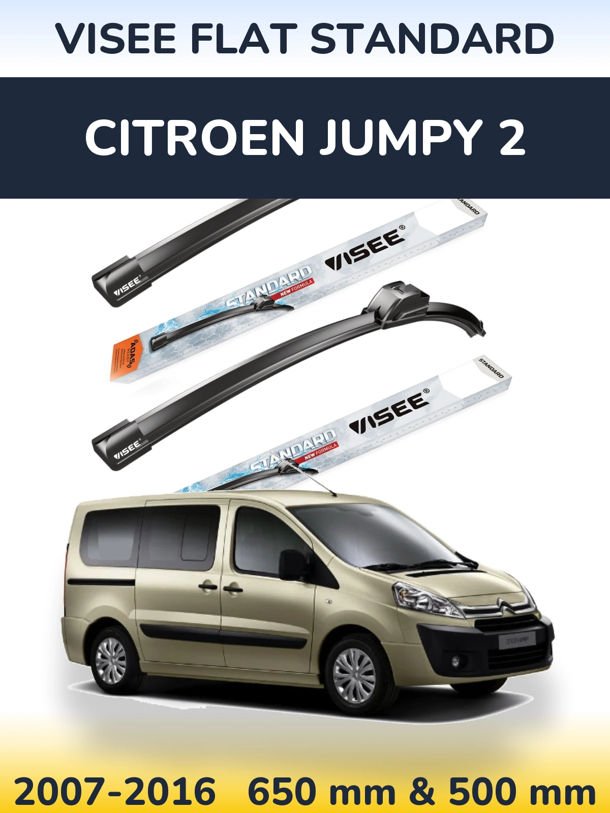 Front wiper blade set VISEE FLAT STANDARD 650 & 500 mm for Citroen Jumpy 2 2007-2016
