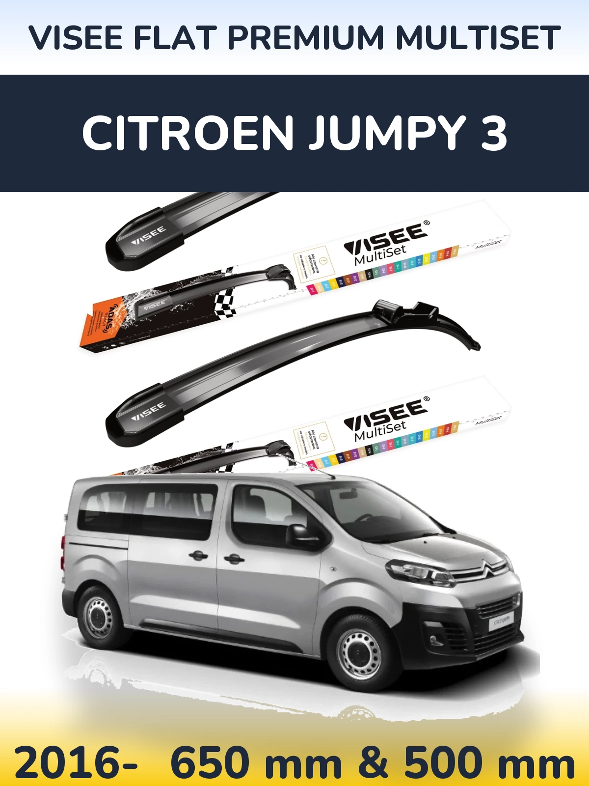 Комплект передних дворников VISEE FLAT PREMIUM MultiSet 650 & 500 мм для Citroen Jumpy 3 2016-2026