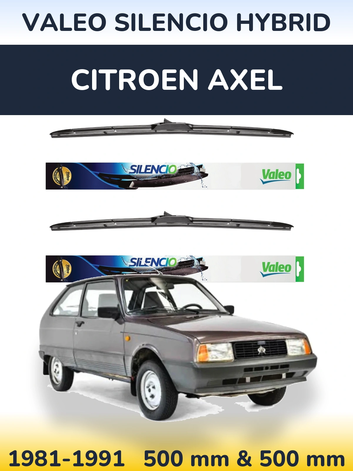 Komplet przednich wycieraczek Valeo Silencio Hybrid 500 & 500 mm do Citroen Axel 1981-1991