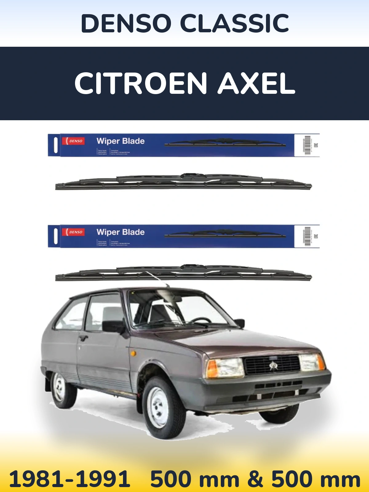 Front wiper blade set Denso Classic 500 & 500 мм for Citroen Axel 1981-1991