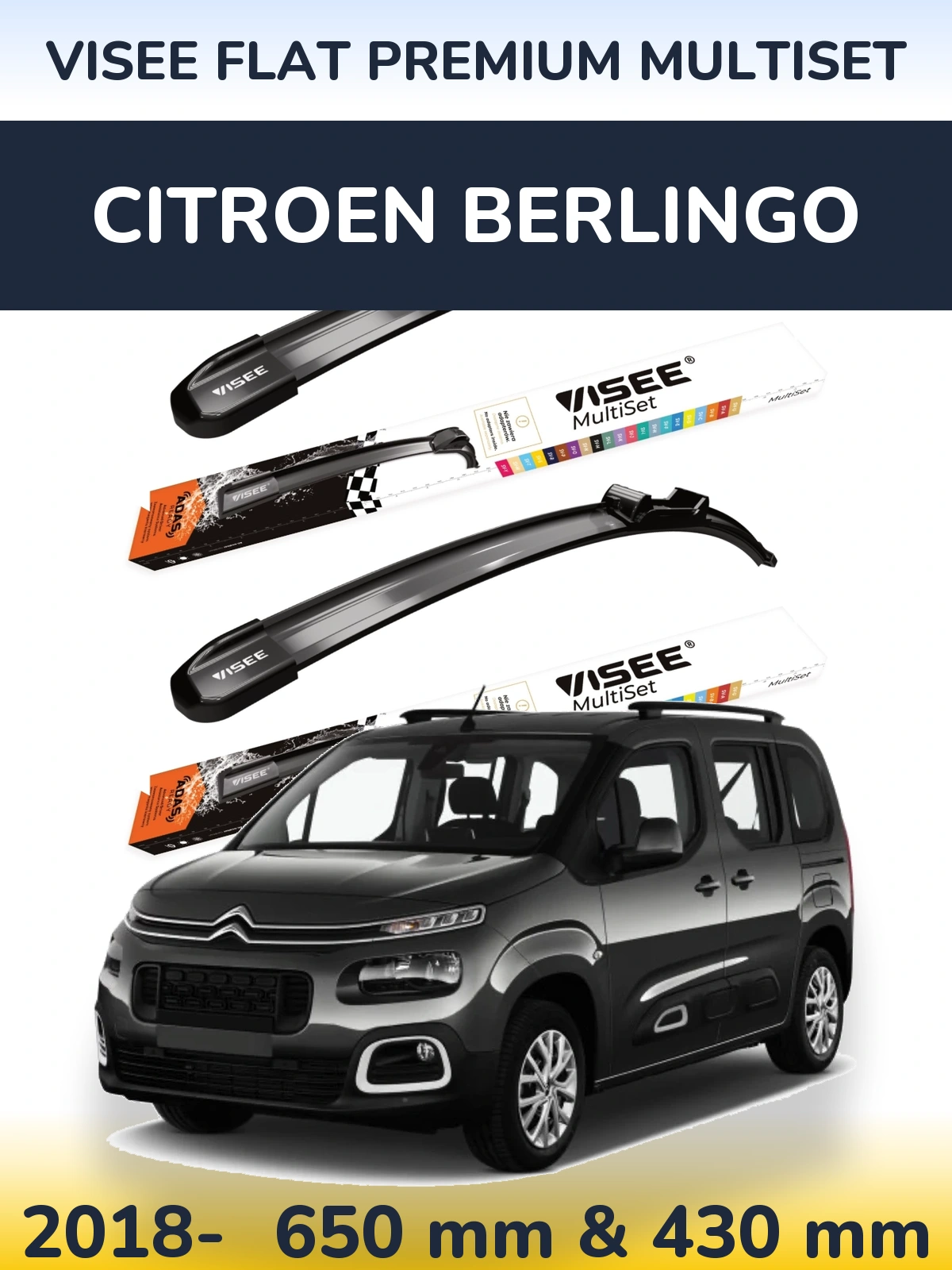Front wiper blade set VISEE FLAT PREMIUM MultiSet 650 & 430 мм for Citroen Berlingo 2018-2026