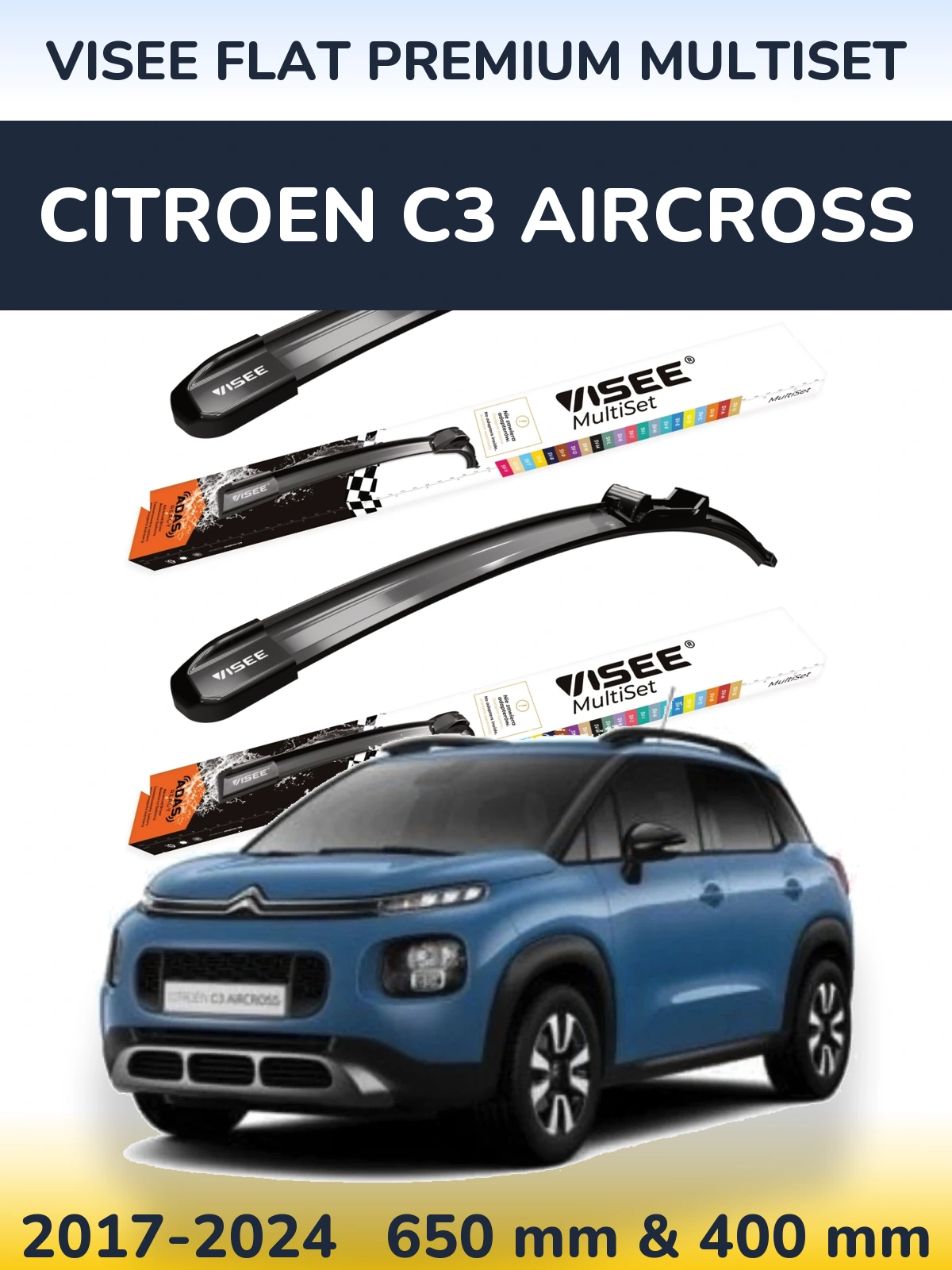 Komplet przednich wycieraczek VISEE FLAT PREMIUM MultiSet 650 & 400 mm do Citroen C3 Aircross 2017-2024