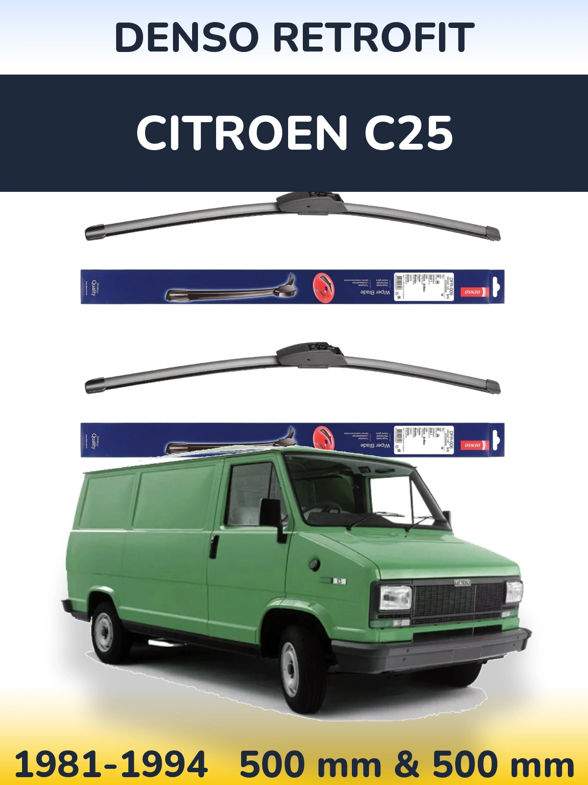 Front wiper blade set Denso Retrofit 500 & 500 mm for Citroen C25 1981-1994
