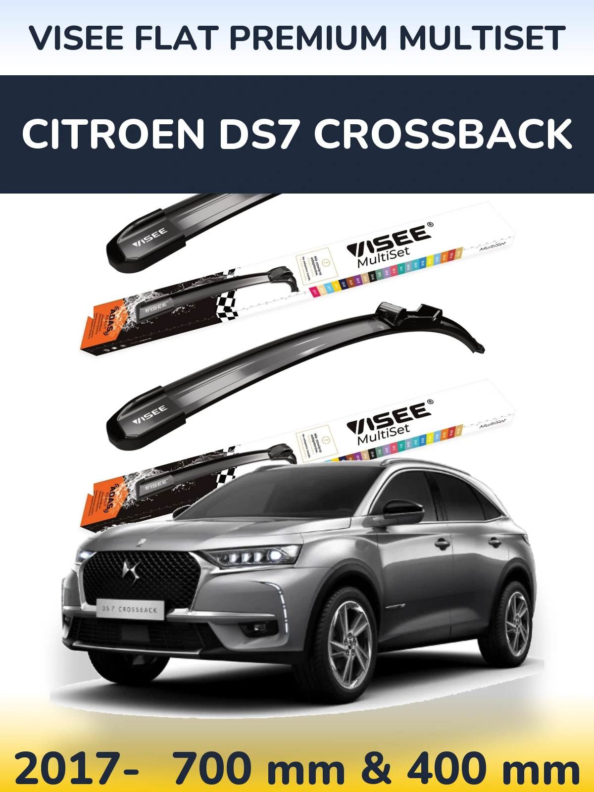 Komplet przednich wycieraczek VISEE FLAT PREMIUM MultiSet 700 & 400 mm do Citroen DS7 Crossback 2017-2026