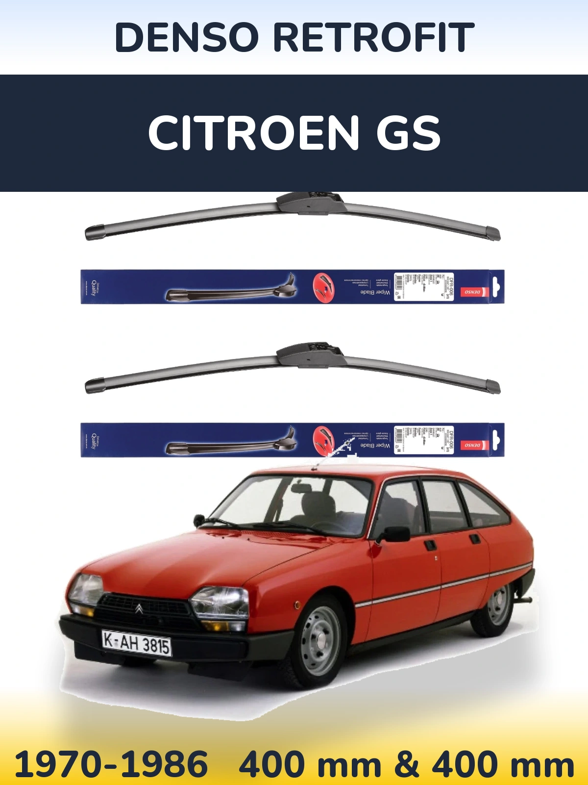 Front wiper blade set Denso Retrofit 400 & 400 mm for Citroen GS 1970-1986