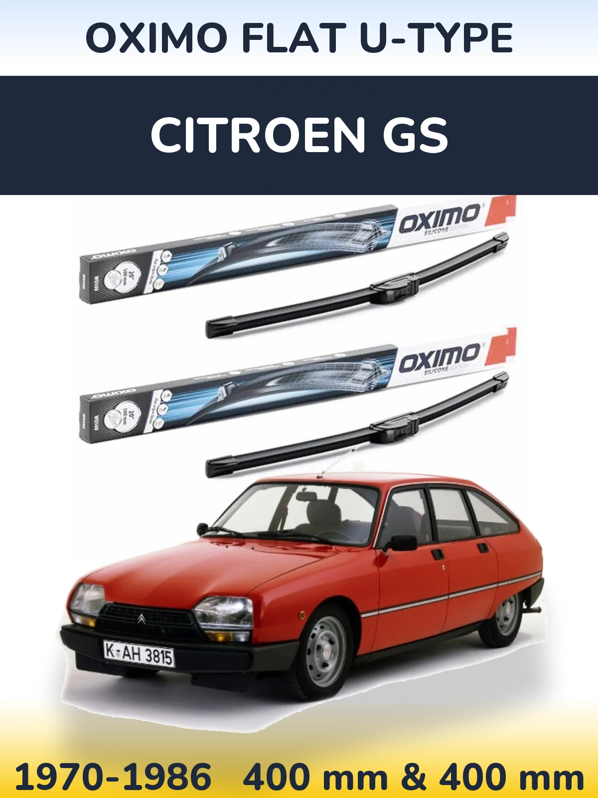 Front wiper blade set Oximo Flat U-type 400 & 400 mm for Citroen GS 1970-1986
