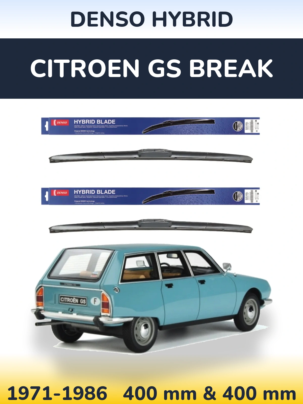 Front wiper blade set Denso Hybrid 400 & 400 мм for Citroen GS Break 1971-1986