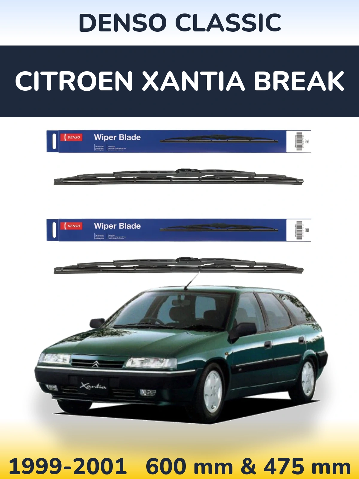 Комплект передніх щіток Denso Classic 600 & 475 мм для Citroen Xantia Break 1999-2001