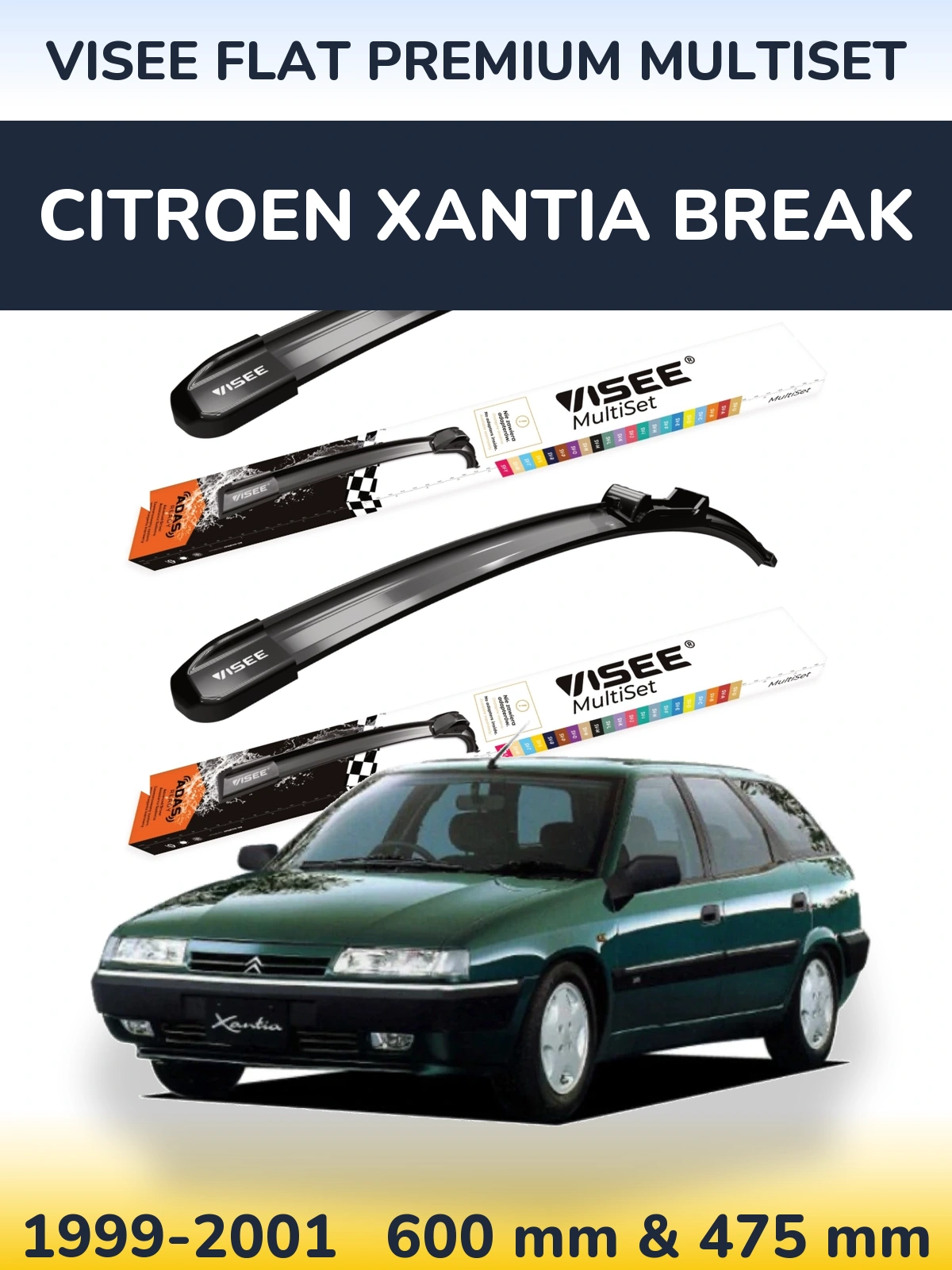 Front wiper blade set VISEE FLAT PREMIUM MultiSet 600 & 475 мм for Citroen Xantia Break 1999-2001