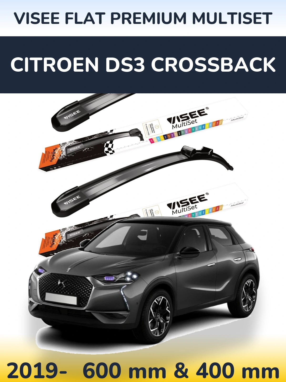 Komplet przednich wycieraczek VISEE FLAT PREMIUM MultiSet 600 & 400 mm do Citroen DS3 Crossback 2019-2026