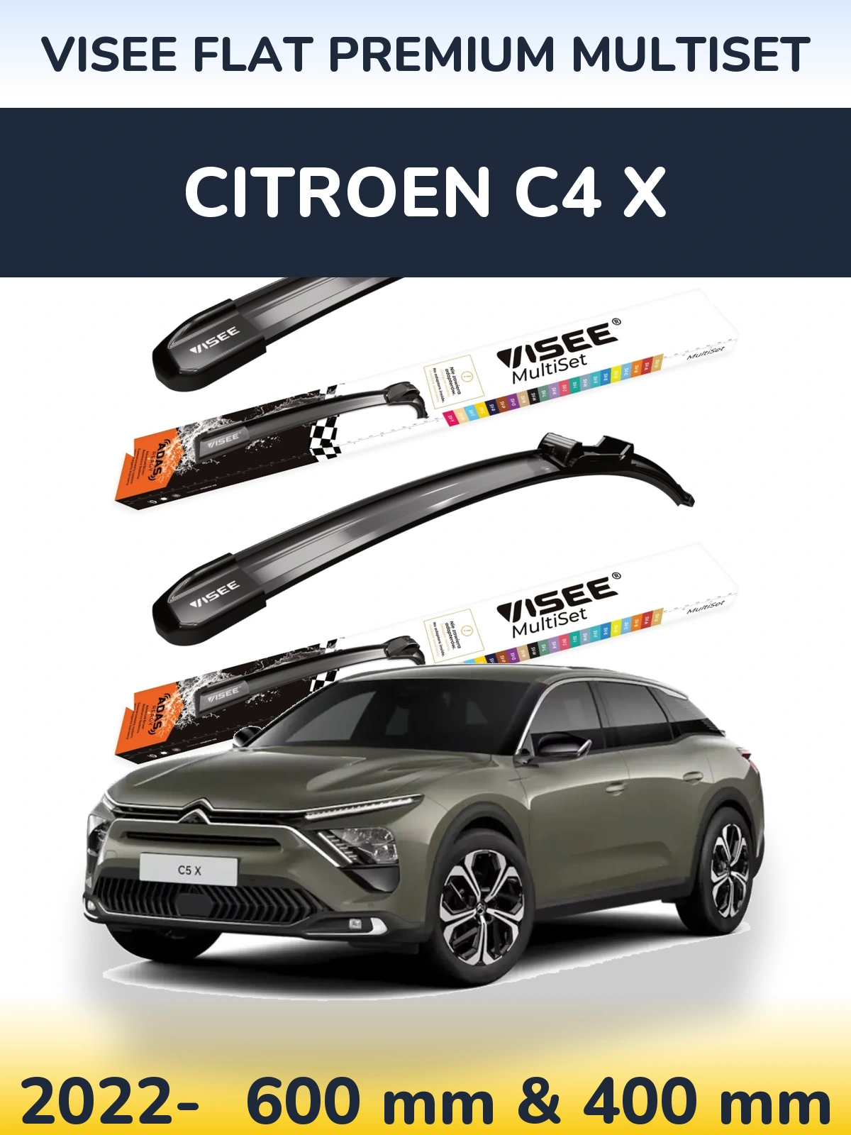 Front wiper blade set VISEE FLAT PREMIUM MultiSet 600 & 400 мм for Citroen C4 X 2022-2026