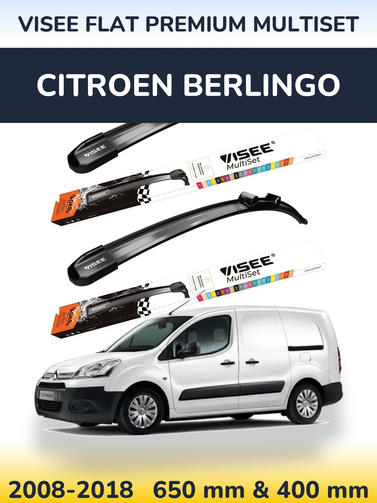 Комплект передніх щіток VISEE FLAT PREMIUM MultiSet 650 & 400 мм для Citroen Berlingo 2008-2018