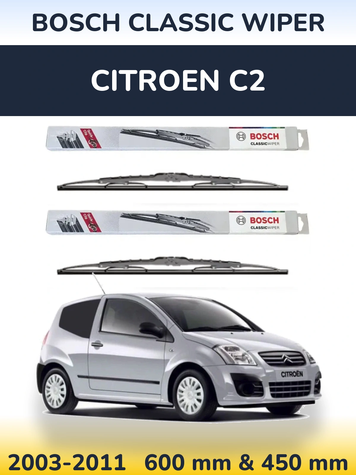 Front wiper blade set BOSCH Classic Wiper 600 & 450 мм for Citroen C2 2003-2011