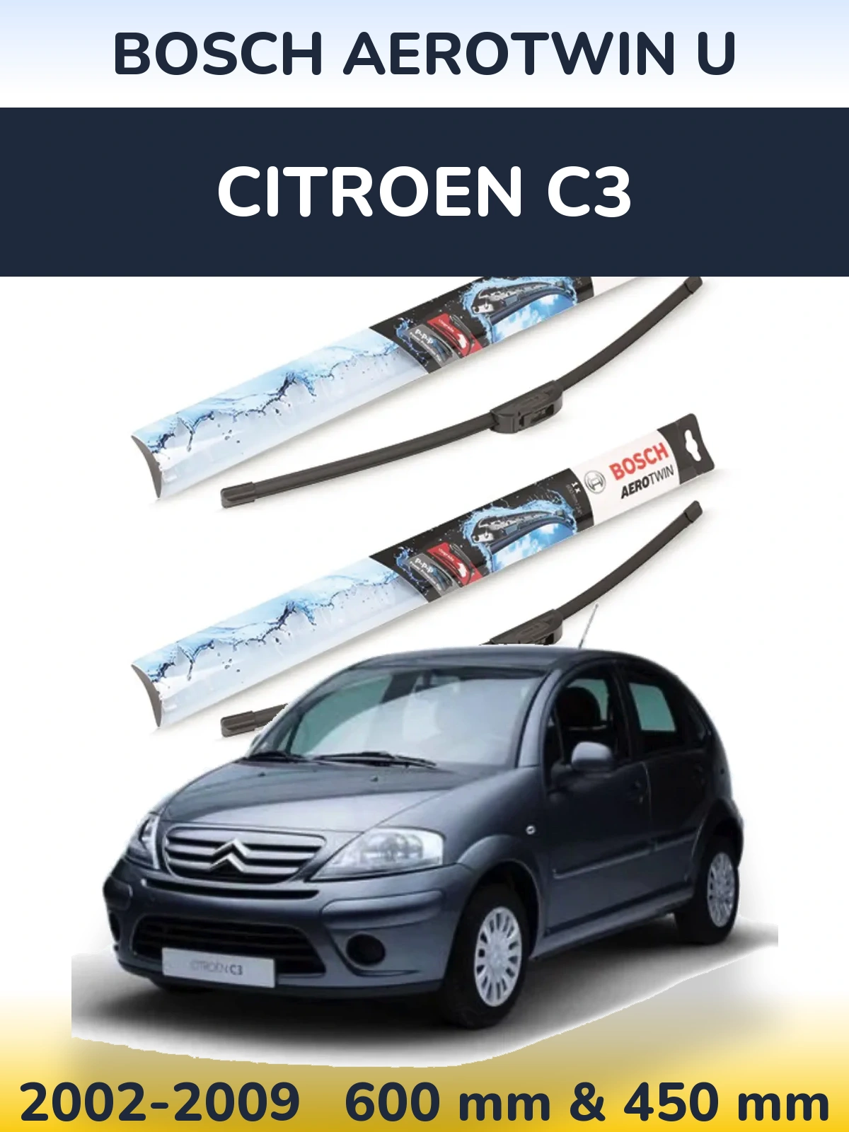 Комплект передних дворников BOSCH AeroTwin U 600 & 450 мм для Citroen C3 2002-2009