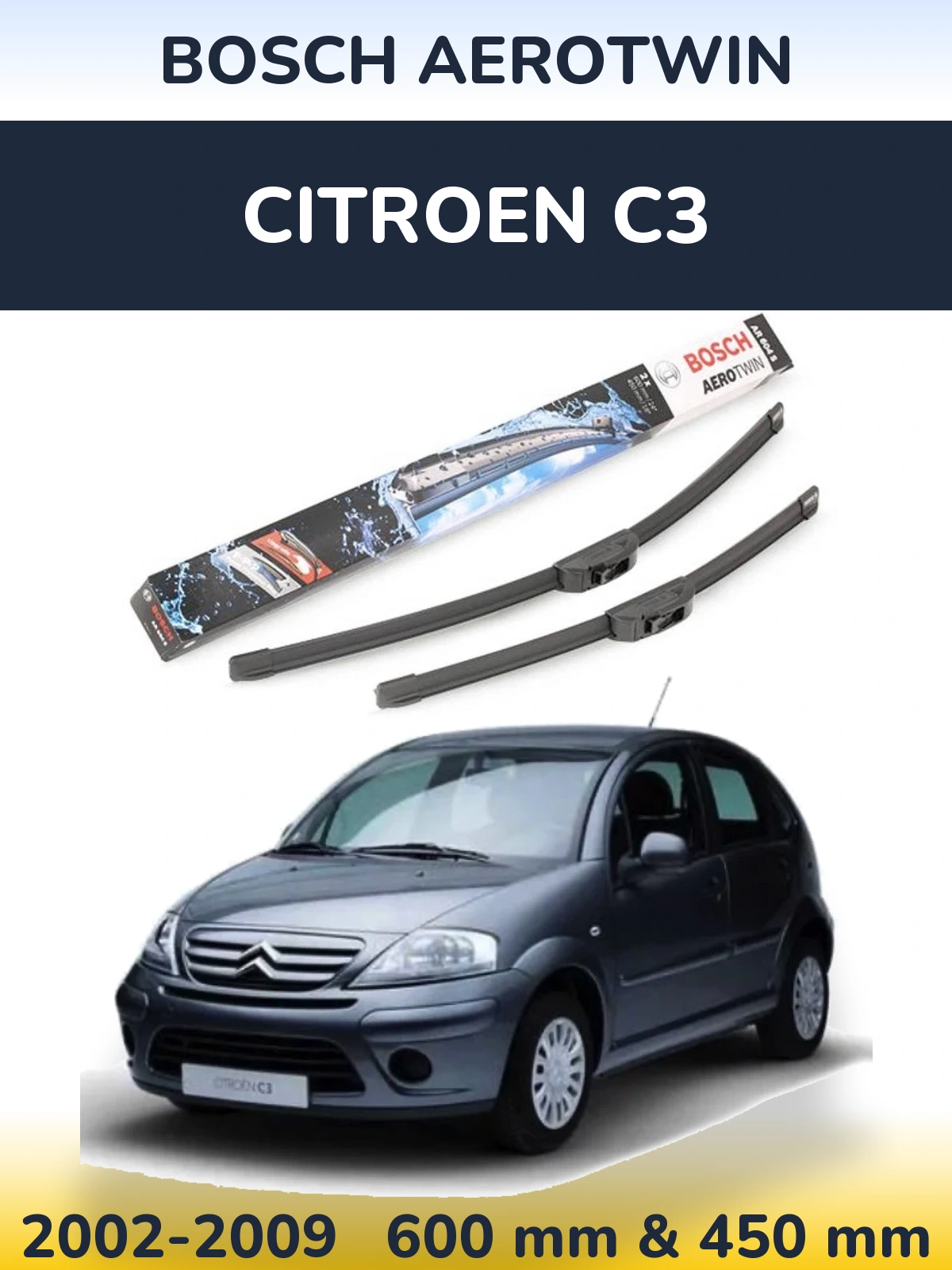 Комплект передних дворников BOSCH AeroTwin 600 & 450 мм для Citroen C3 2002-2009