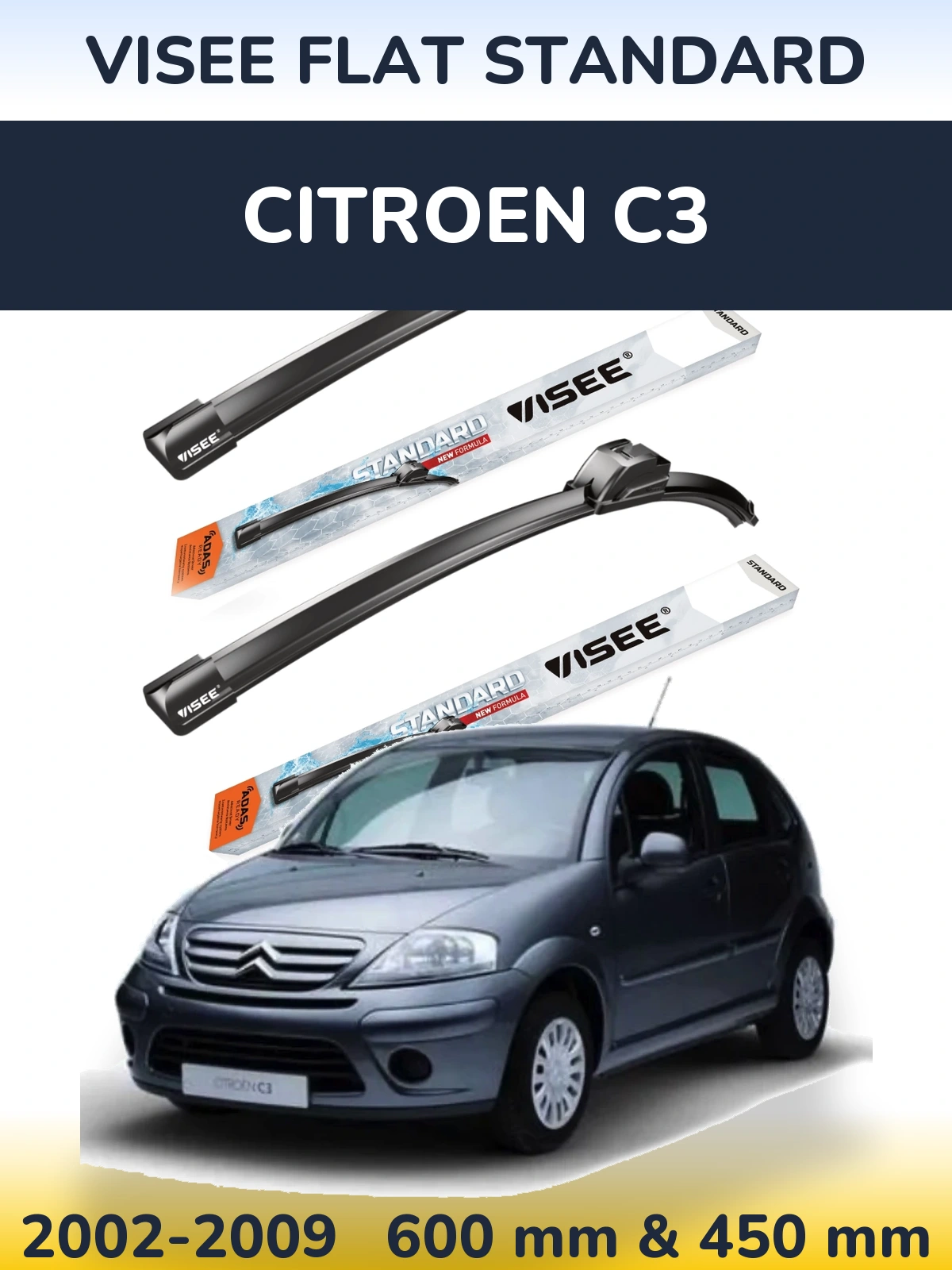 Комплект передних дворников VISEE FLAT STANDARD 600 & 450 мм для Citroen C3 2002-2009