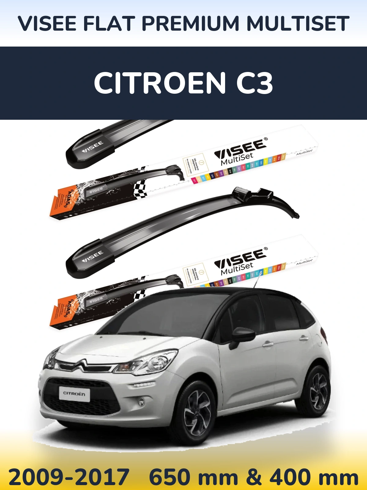 Front wiper blade set VISEE FLAT PREMIUM MultiSet 650 & 400 mm for Citroen C3 2009-2017