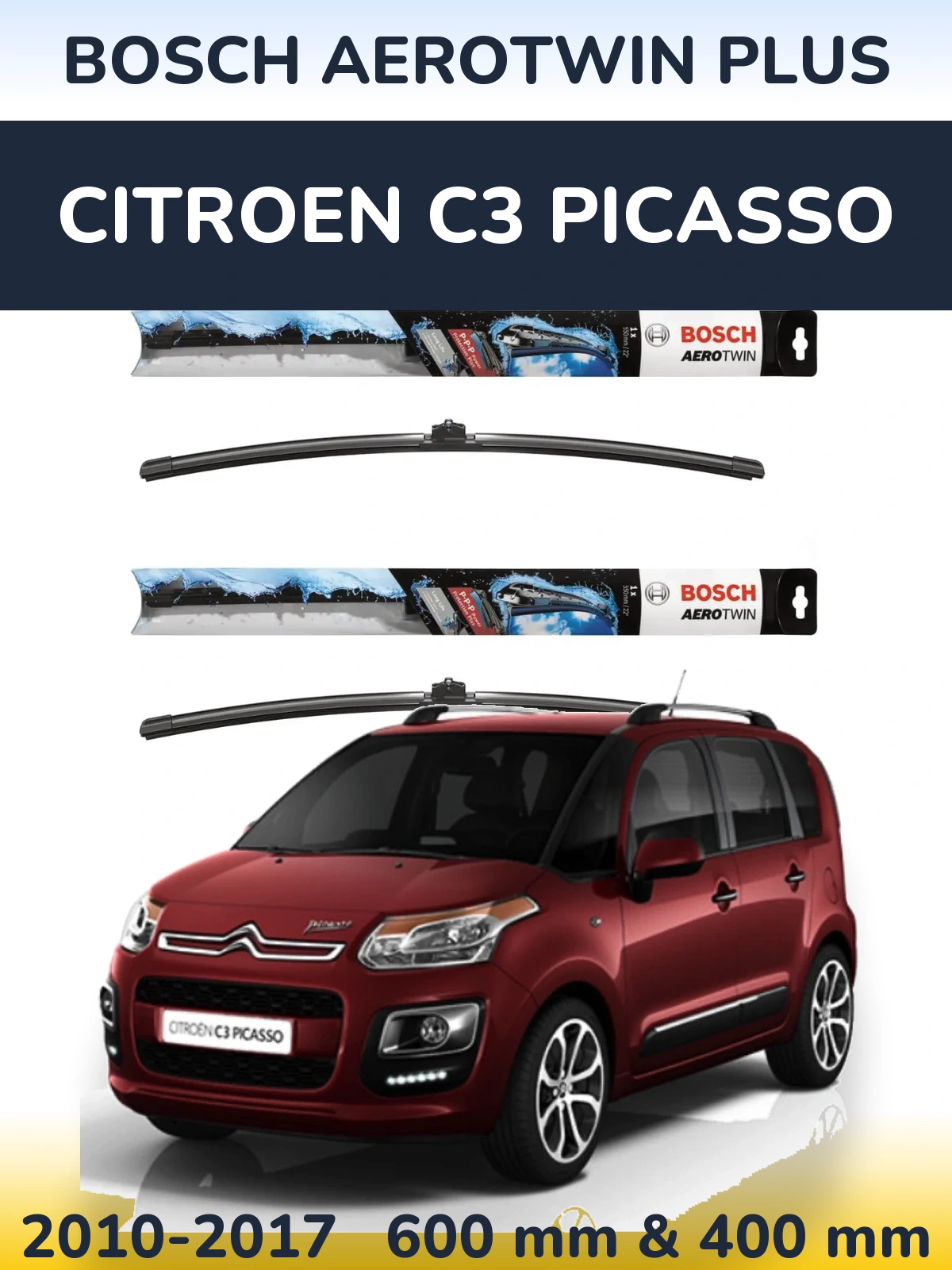 Komplet przednich wycieraczek BOSCH AeroTwin Plus 600 & 400 mm do Citroen C3 Picasso 2010-2017