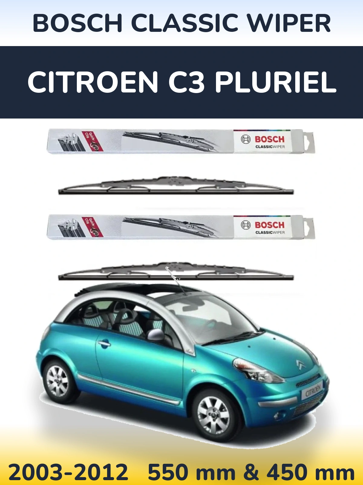 Komplet przednich wycieraczek BOSCH Classic Wiper 550 & 450 mm do Citroen C3 Pluriel 2003-2012