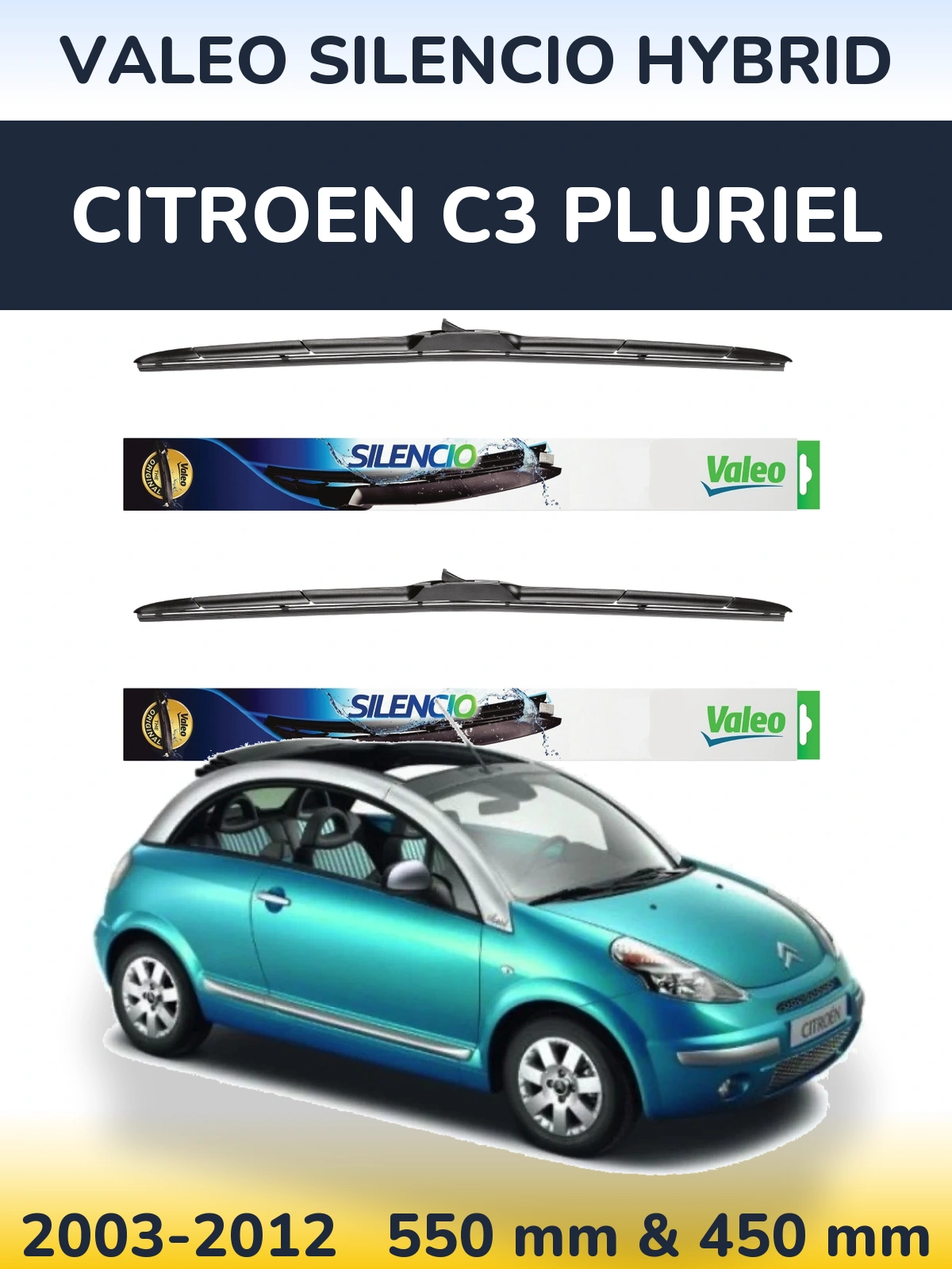 Front wiper blade set Valeo Silencio Hybrid 550 & 450 мм for Citroen C3 Pluriel 2003-2012