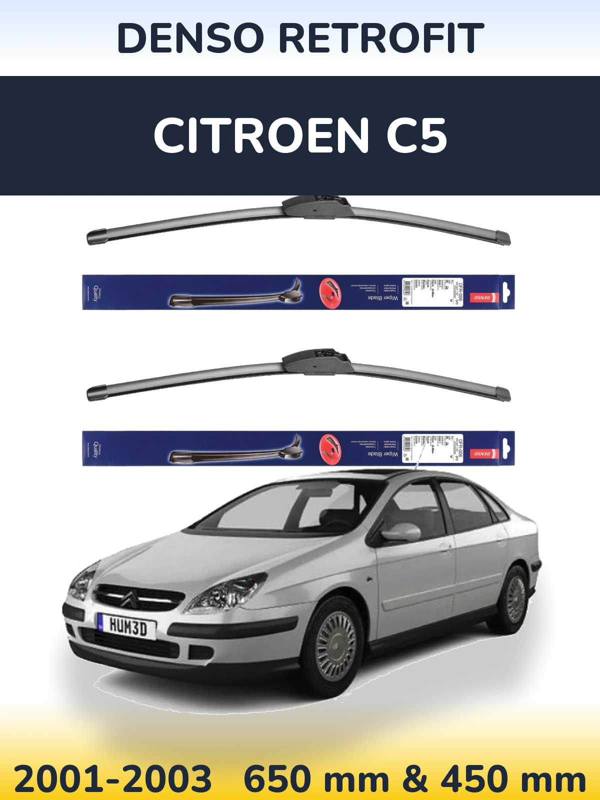 Front wiper blade set Denso Retrofit 650 & 450 mm for Citroen C5 2001-2003