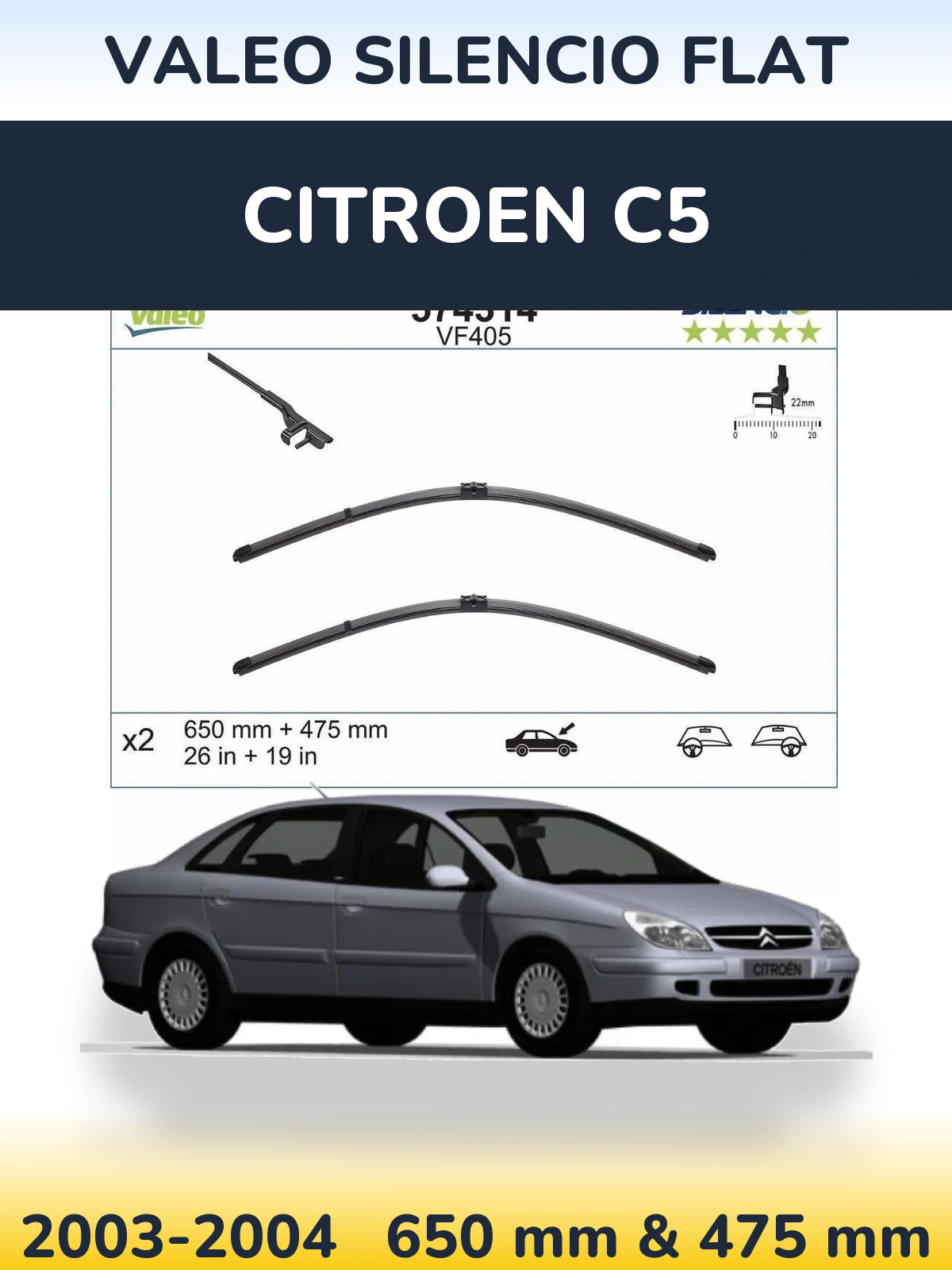 Komplet przednich wycieraczek Valeo Silencio Flat 650 & 475 mm do Citroen C5 2003-2004