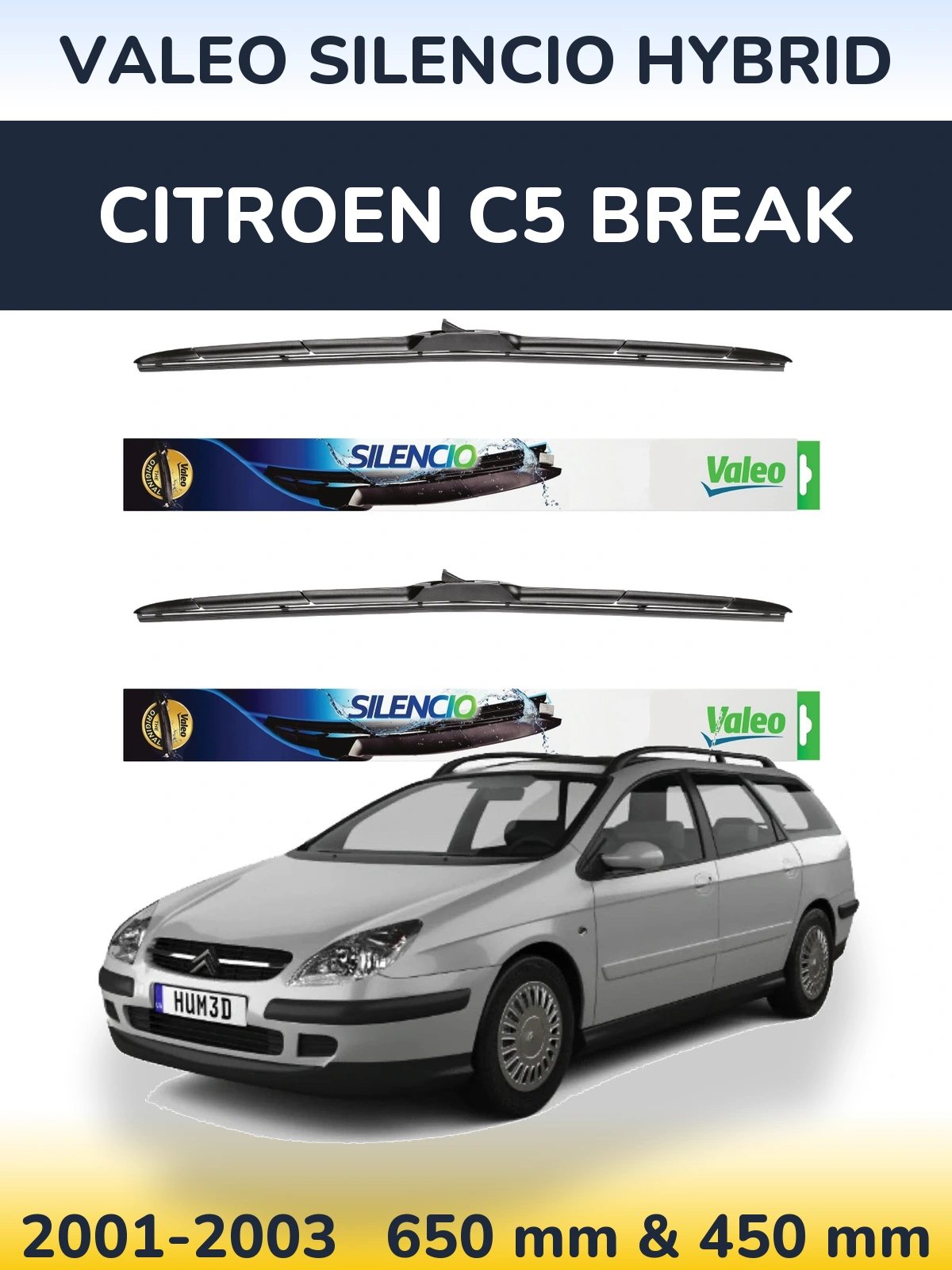 Front wiper blade set Valeo Silencio Hybrid 650 & 450 мм for Citroen C5 Break 2001-2003