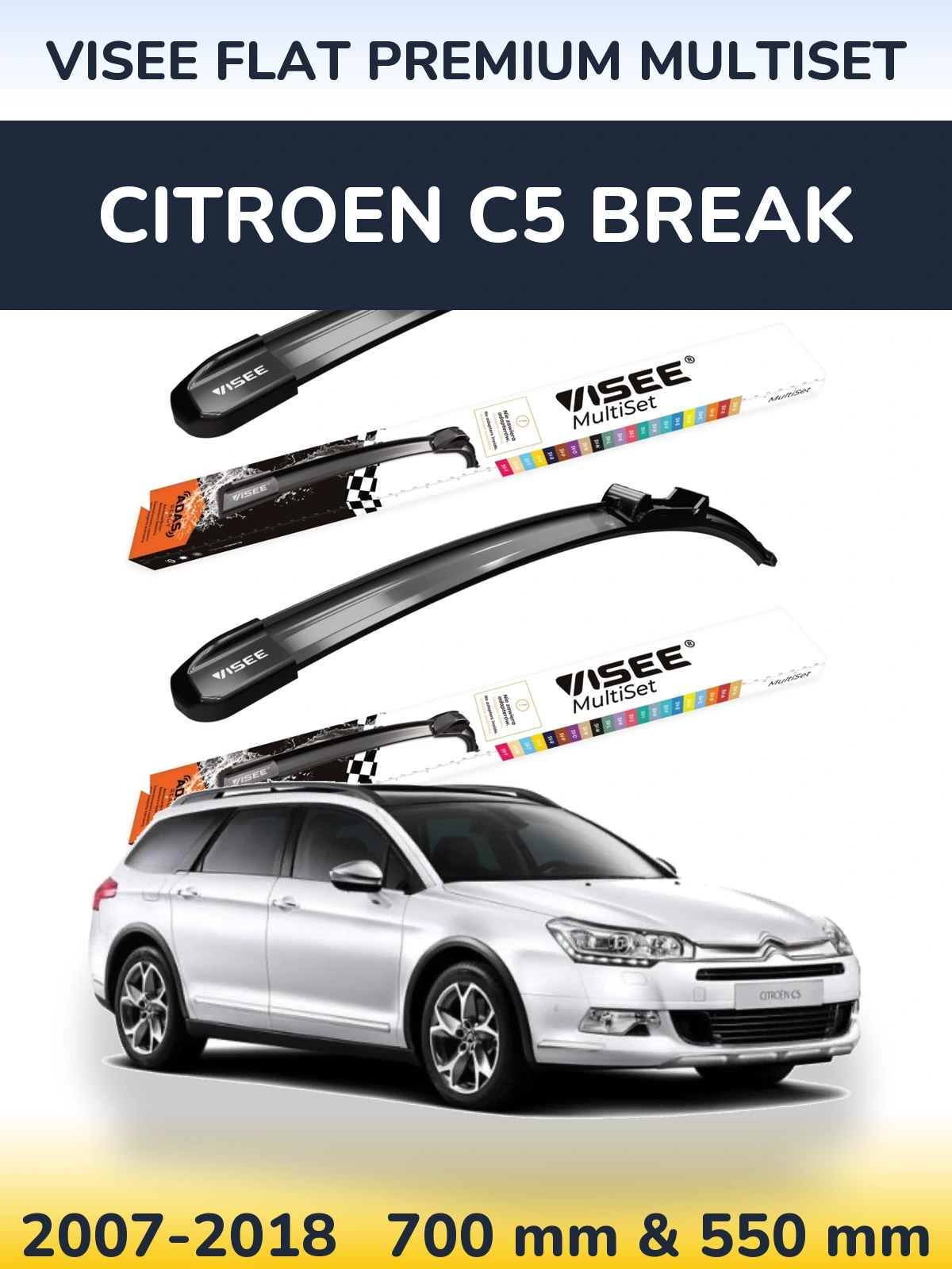 Front wiper blade set VISEE FLAT PREMIUM MultiSet 700 & 550 mm for Citroen C5 Break 2007-2018