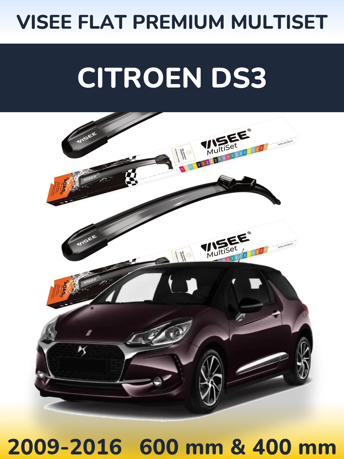Front wiper blade set VISEE FLAT PREMIUM MultiSet 600 & 400 мм for Citroen DS3 2009-2016