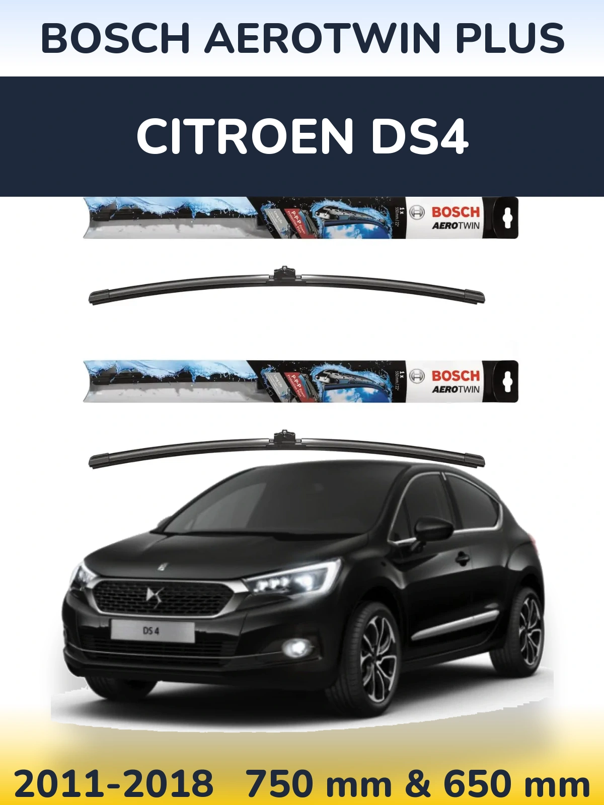 Front wiper blade set BOSCH AeroTwin Plus 750 & 650 мм for Citroen DS4 2011-2018