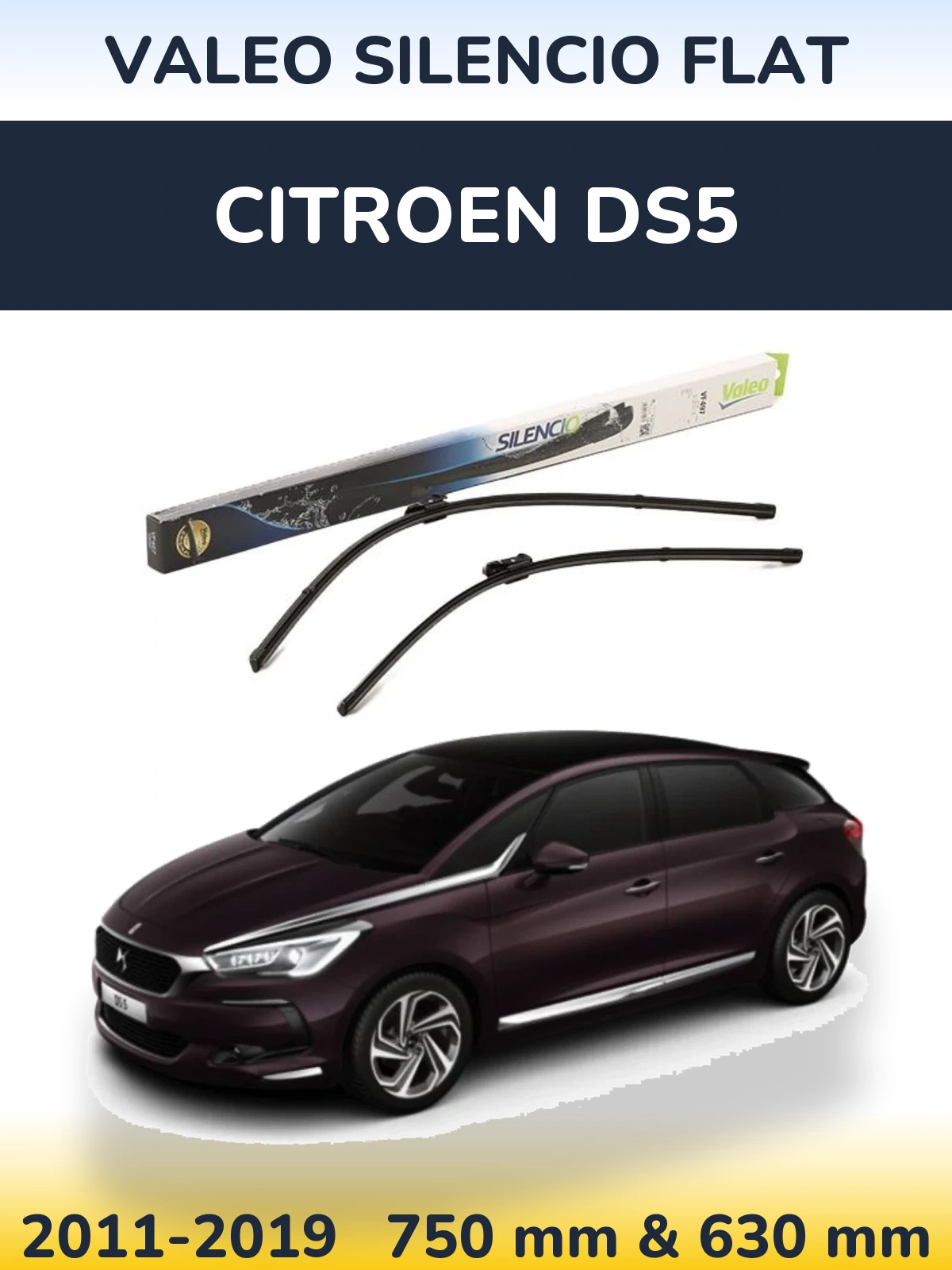 Front wiper blade set Valeo Silencio Flat 750 & 630 mm for Citroen DS5 2011-2019
