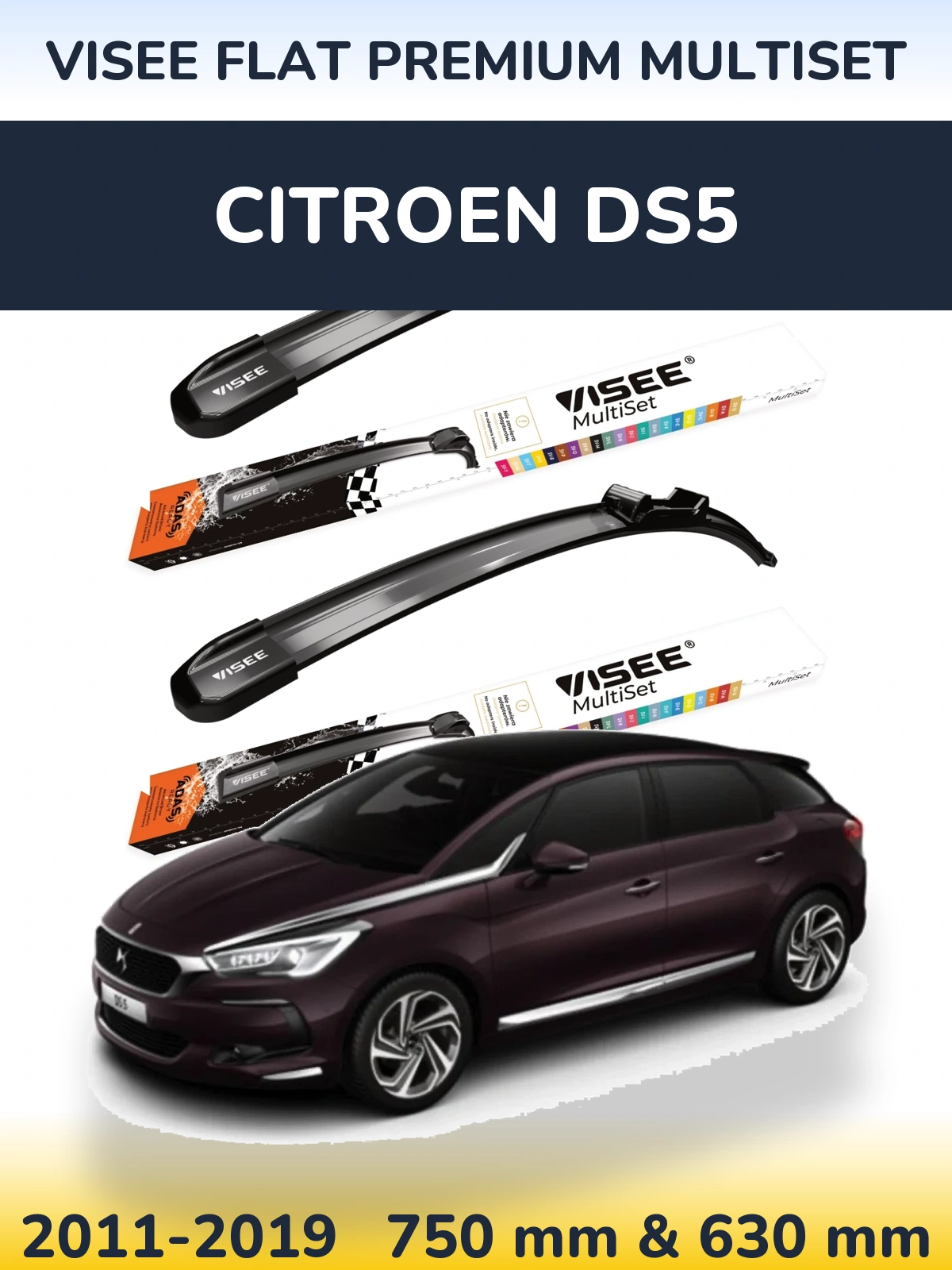 Front wiper blade set VISEE FLAT PREMIUM MultiSet 750 & 630 mm for Citroen DS5 2011-2019