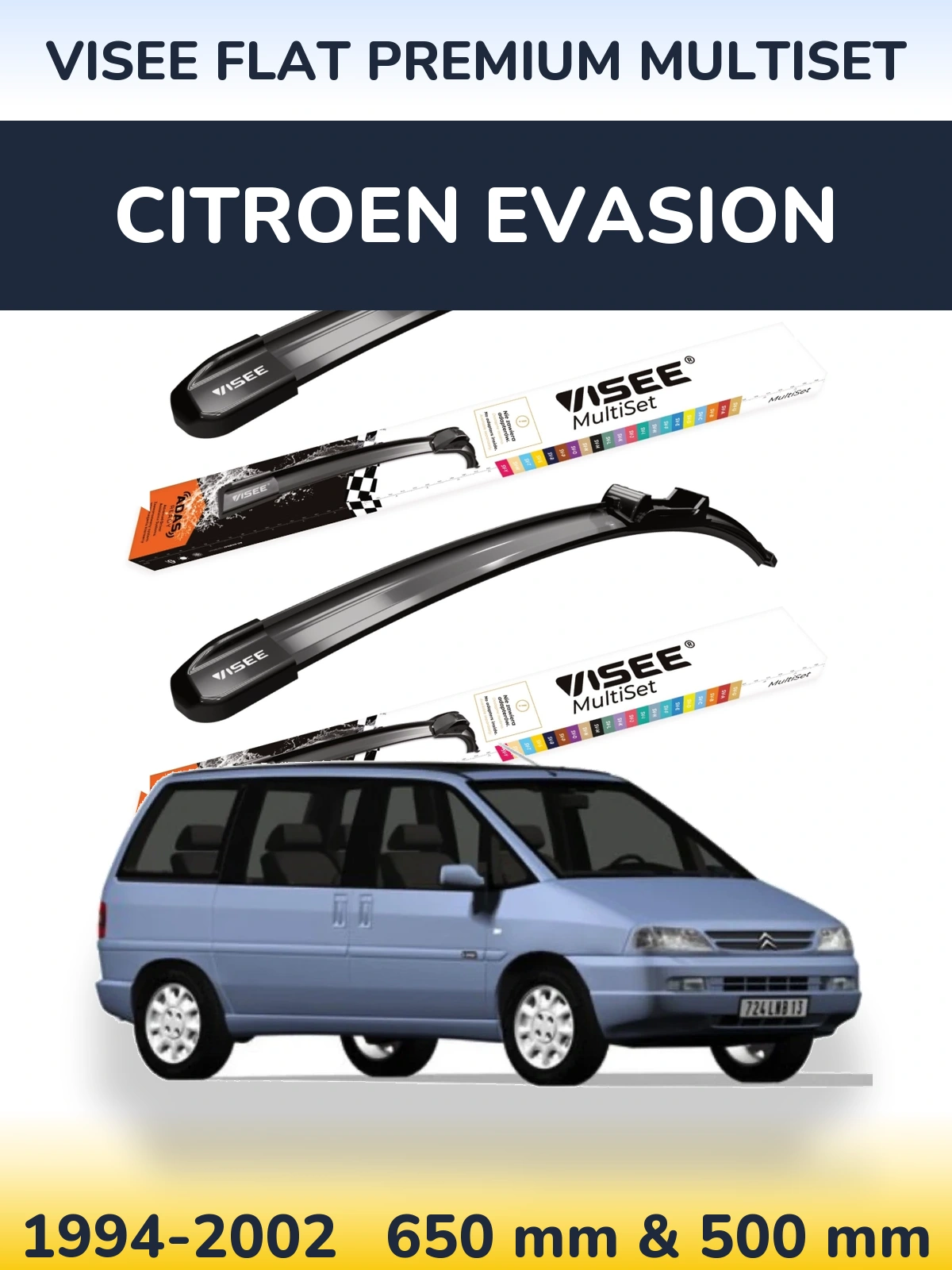 Комплект передних дворников VISEE FLAT PREMIUM MultiSet 650 & 500 мм для Citroen Evasion 1994-2002
