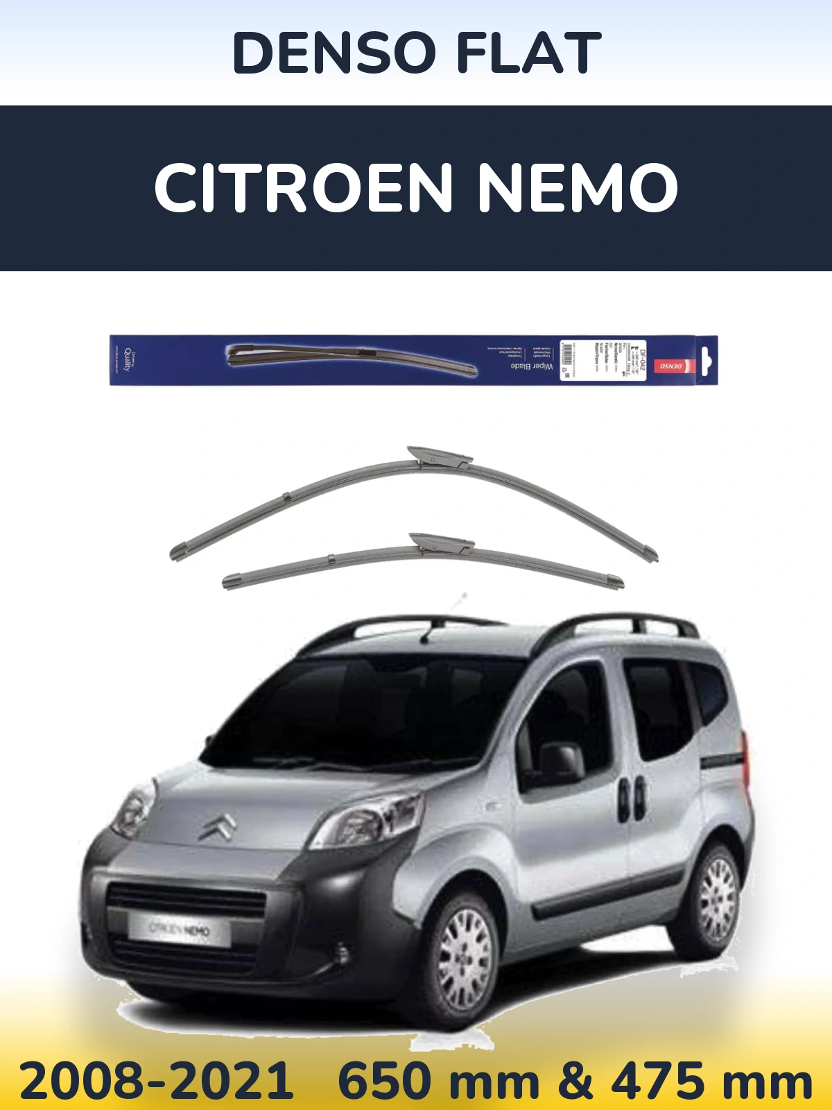 Front wiper blade set Denso Flat 650 & 450 мм for Citroen Nemo 2008-2021