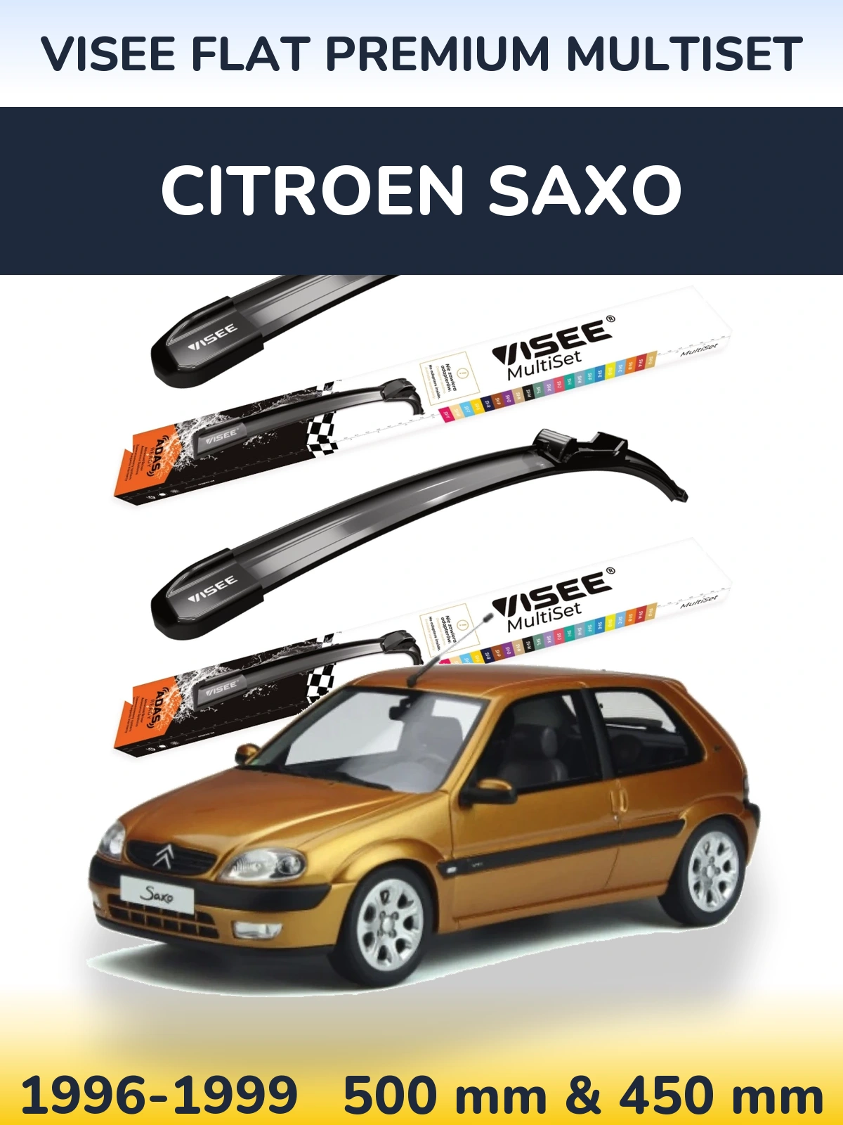 Front wiper blade set VISEE FLAT PREMIUM MultiSet 500 & 450 mm for Citroen Saxo 1996-1999